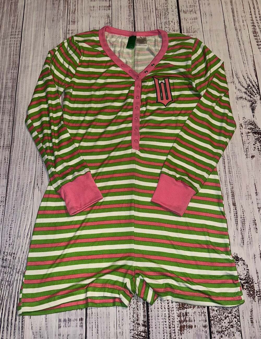 Wicked Green and Pink Striped Long Sleeve Henley Romper Pajamas Size Large